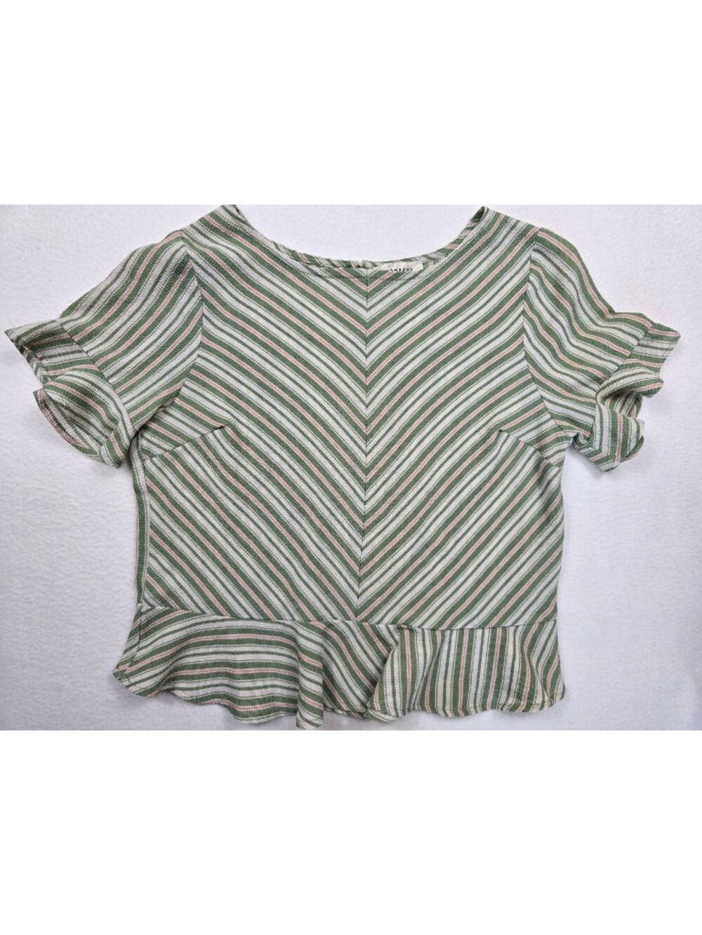 Monteau Los Angeles Medium Green & Pink Striped Ruffle Hem Short Sleeve Blouse